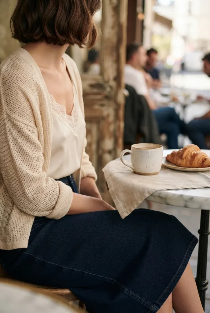 Ivory lace-trim cami under an open-weave oat cardigan with a denim midi skirt for early fall