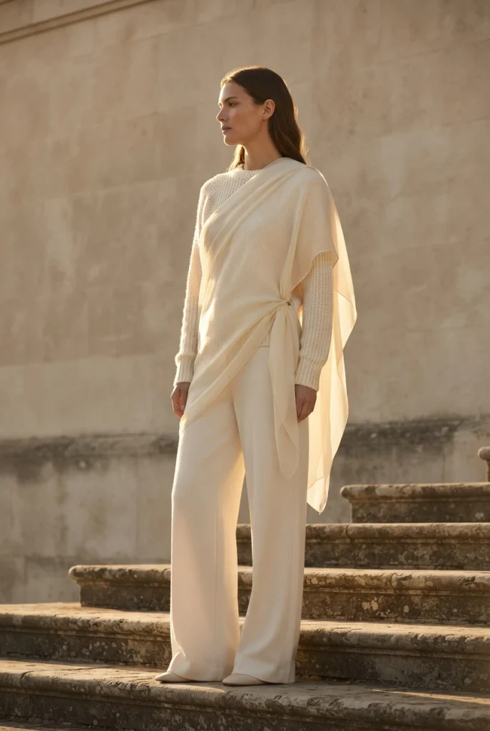 Ivory marble statue costume idea built from neutral capsule wardrobe pieces.