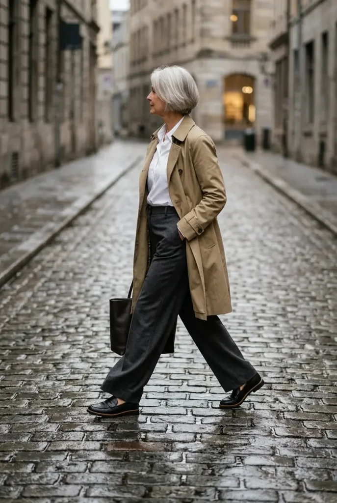 Khaki trench coat with a white button-down and wide-leg trousers, a rainy day fall outfit for women over 60