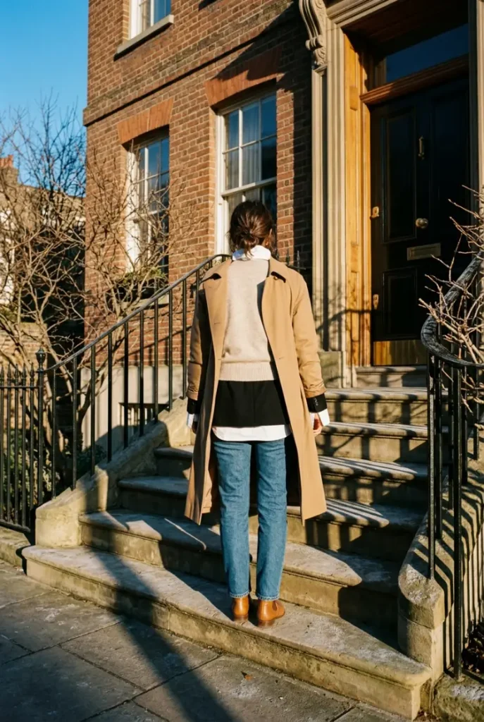 Layered fall outfit stacking a white shirt, oatmeal knit, black blazer and camel trench with jeans
