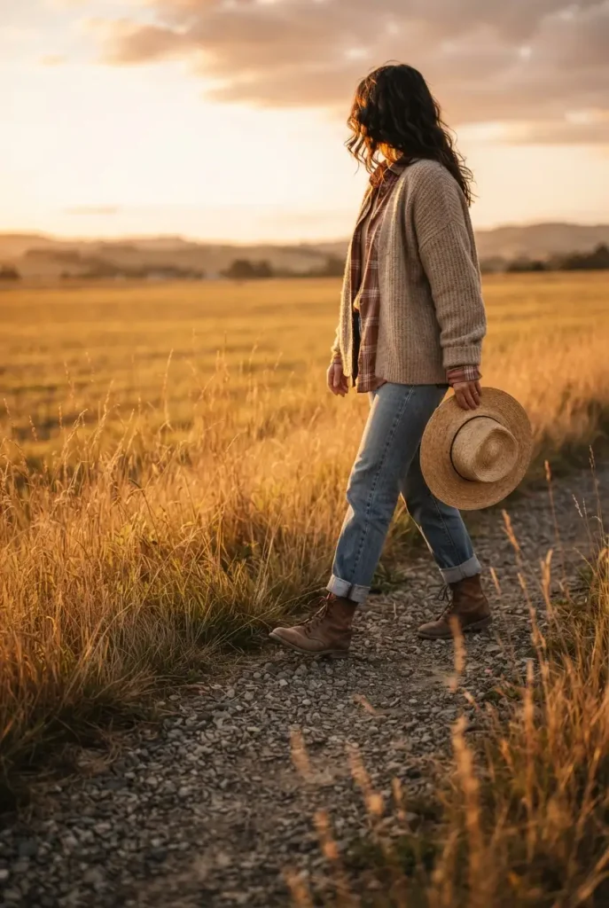 Layered plaid shirt, oversized knit and cuffed jeans styled as a warm scarecrow costume.