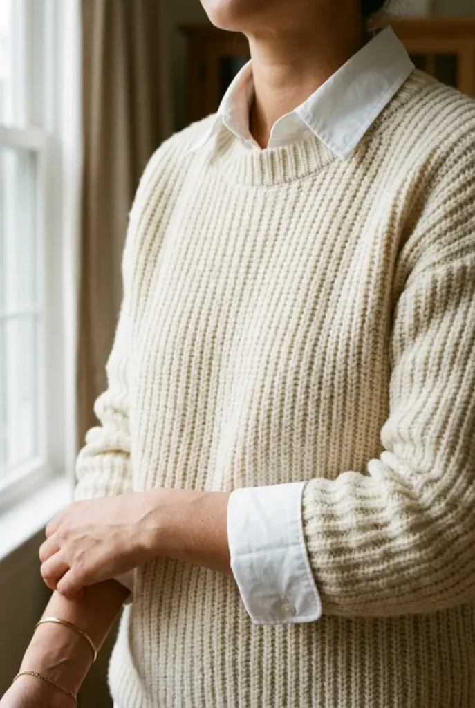 Layering detail showing a white button-down collar and cuff worn under a cream knit sweater