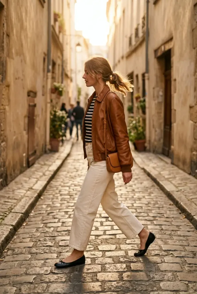 Leather bomber with a Breton top and wide-leg jeans, French girl style over 50 Type: