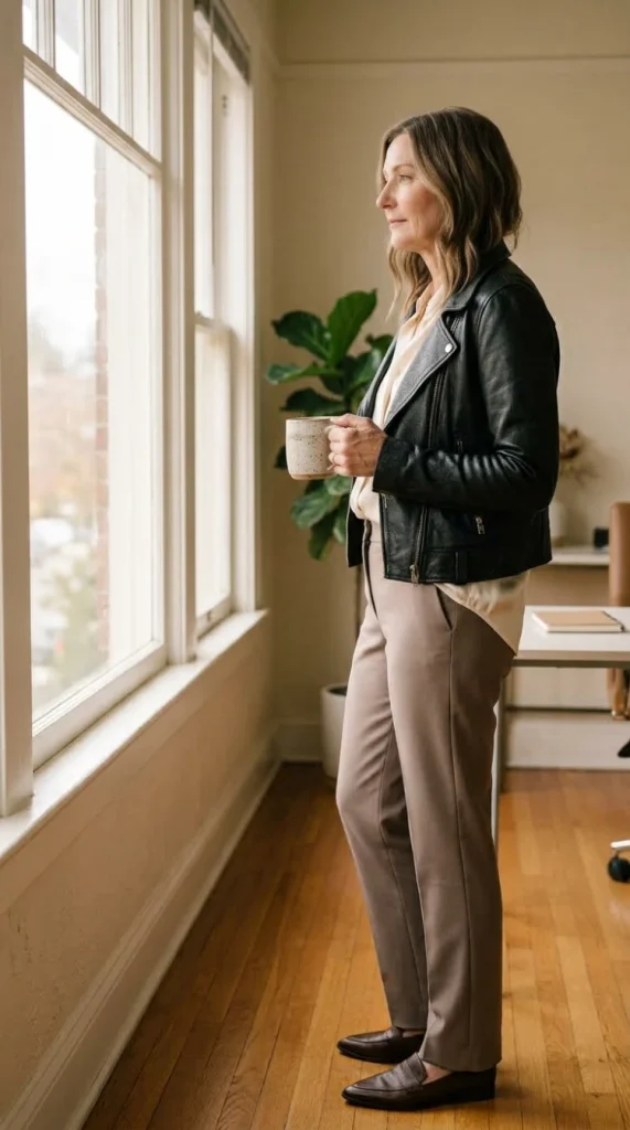 Leather jacket over a silk blouse and tailored trousers for a work outfit over 50