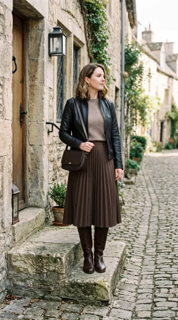 Leather jacket with a tucked knit, pleated midi skirt and knee boots