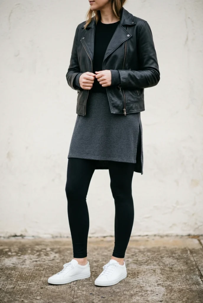 Leggings styled with a longline top and a longer leather jacket for a sleek, covered look Type