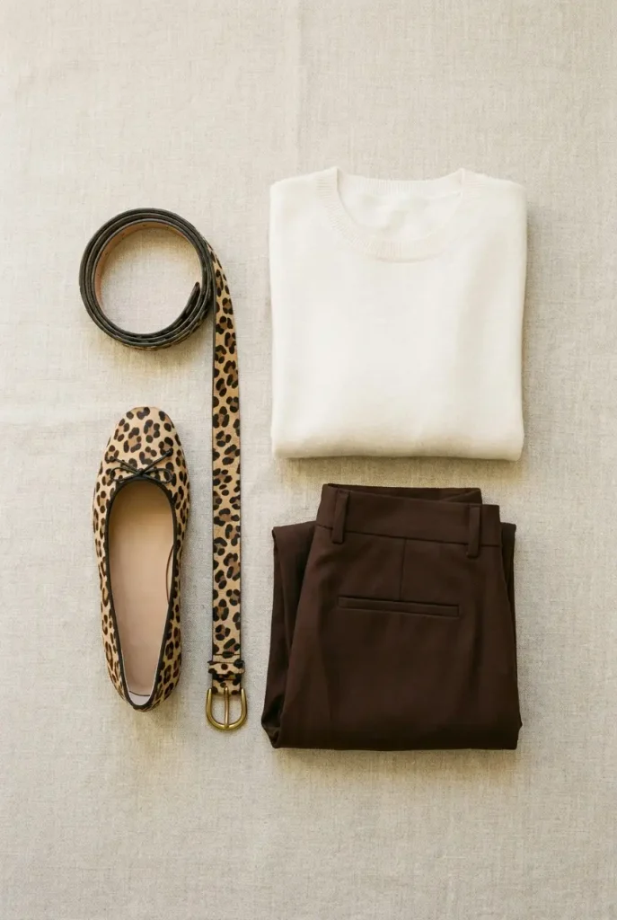 Leopard print flat and belt styled with a cream sweater and brown trousers