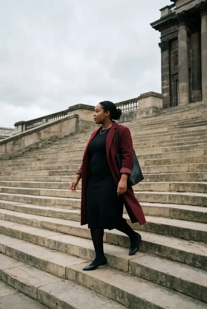 Long burgundy blazer over a black ponte dress on a plus-size woman walking down museum steps