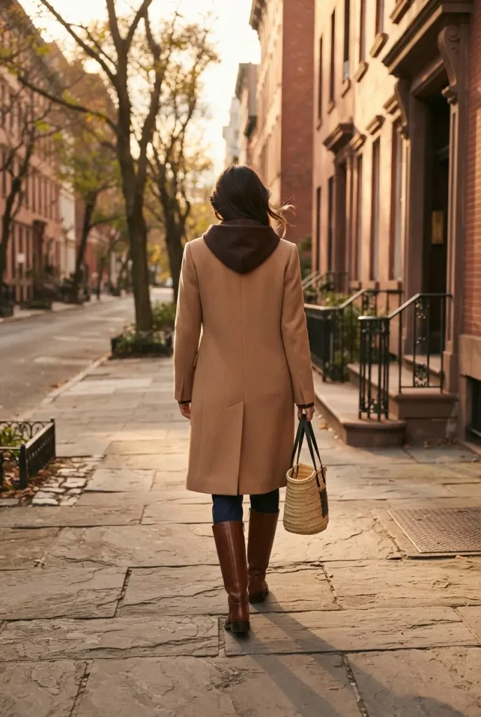 Long camel coat over an espresso hoodie and jeans for a winter hoodie outfit