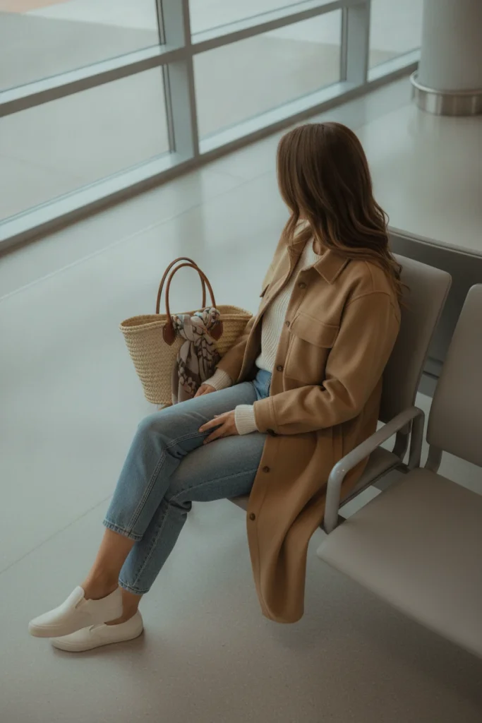 Long camel shacket outfit for travel with jeans, sneakers and a woven tote at the airport