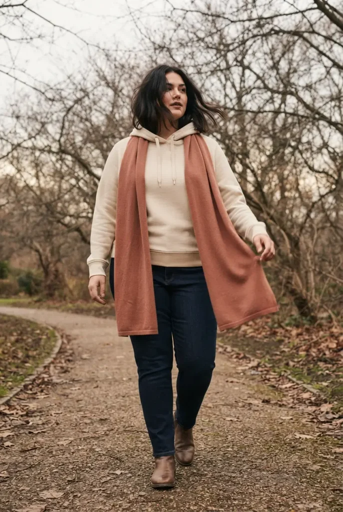Long terracotta scarf worn over an oat hoodie with dark jeans and flat boots in fall.