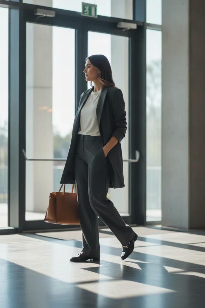 Longline charcoal blazer with matching wide-leg trousers, a work jacket outfit for women over 50