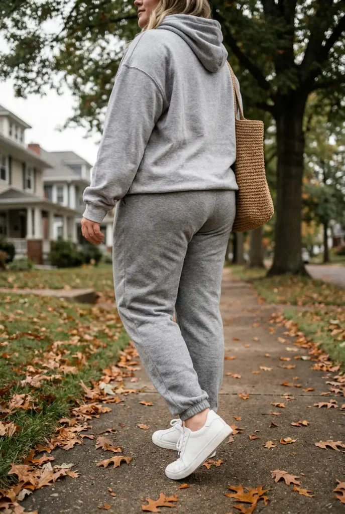 Lounge outfit plus size: heather gray hoodie, tapered sweatpants, and white sneakers on a fall sidewalk