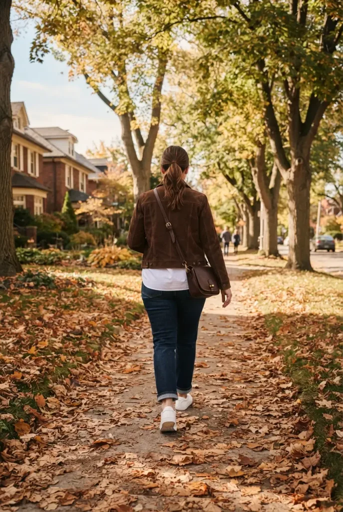 Midsize woman in a brown suede jacket, white button-down and jeans walking a leafy fall sidewalk