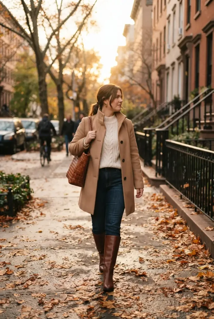 Midsize woman in a camel coat, cream sweater, dark jeans and knee-high boots walking a fall city street