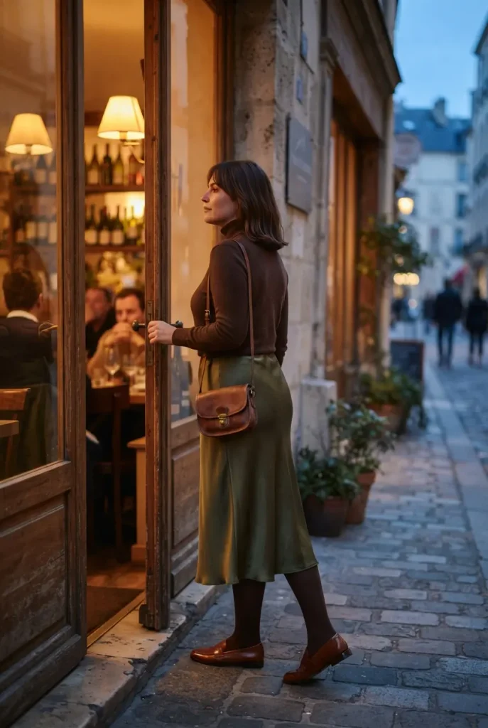 Midsize woman in a chocolate turtleneck, olive satin skirt and cognac loafers at a restaurant door for fall date night