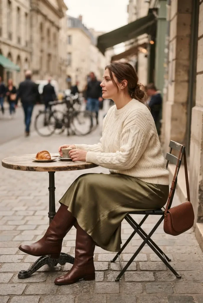 Midsize woman in a chunky cream sweater, olive satin midi skirt and knee-high boots at a fall brunch table
