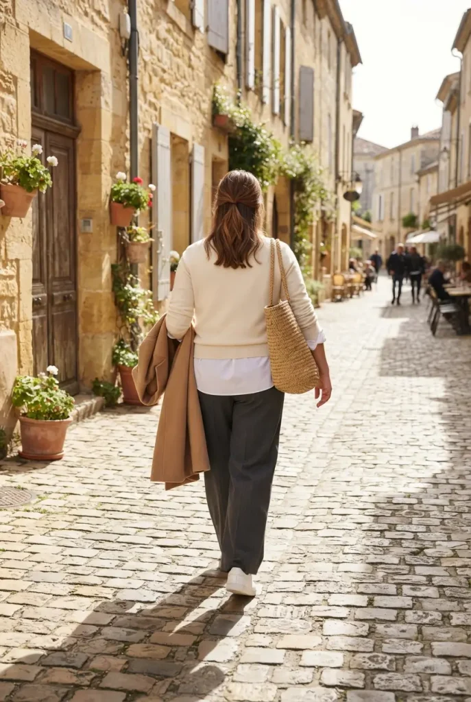 Midsize woman in a cream sweater over a white shirt and wide-leg trousers on a fall travel day in Europe