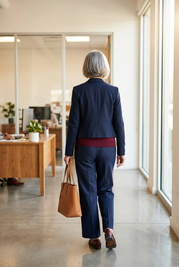 Navy and burgundy work outfit with a blazer, knit shell, and loafers for women over 50