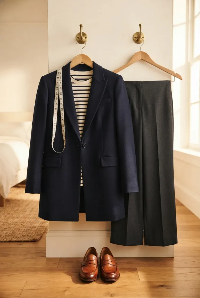 Navy blazer, striped tee and wide-leg trousers on wooden hangers, a midsize fall work outfit laid out
