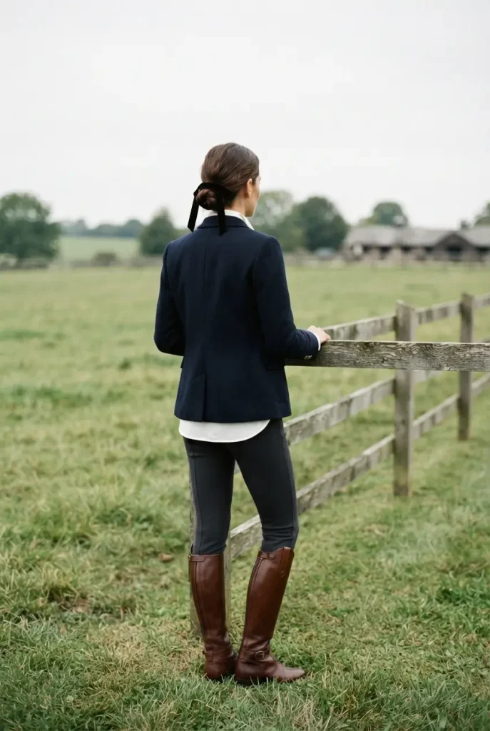 Navy blazer, white button-down and tall riding boots styled as an equestrian costume.