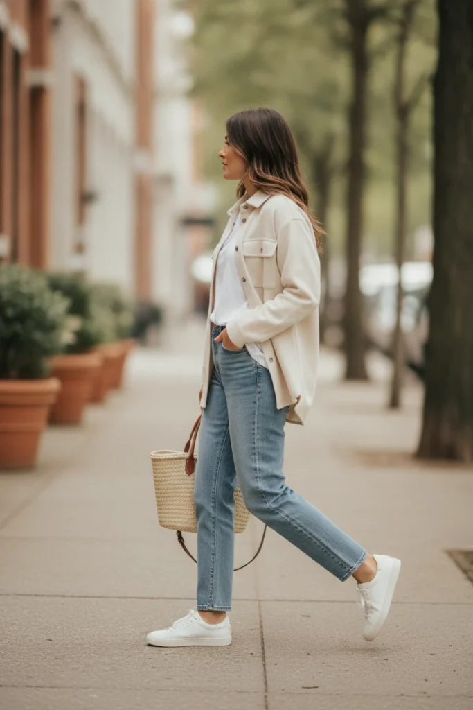 Oat shacket outfit with white tee, straight leg jeans and white sneakers on a sidewalk