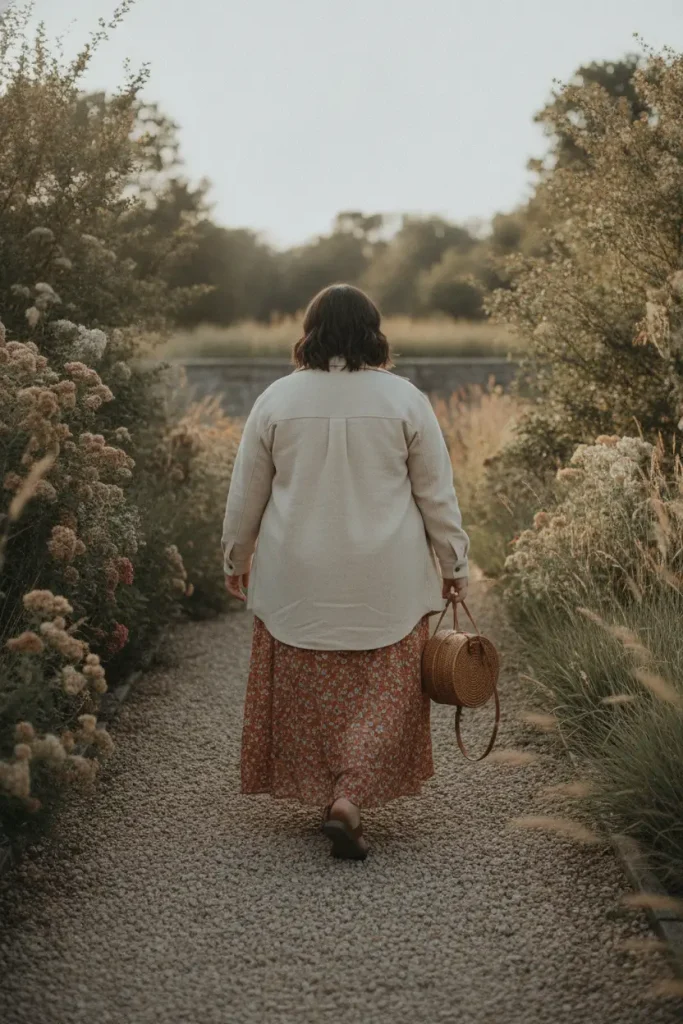 Oatmeal shacket layered over a terracotta floral maxi dress on a garden path.