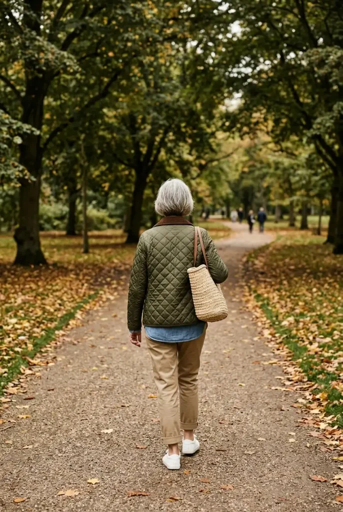 Olive barn jacket, chambray shirt and khaki chinos, a casual fall errand outfit for women over 60