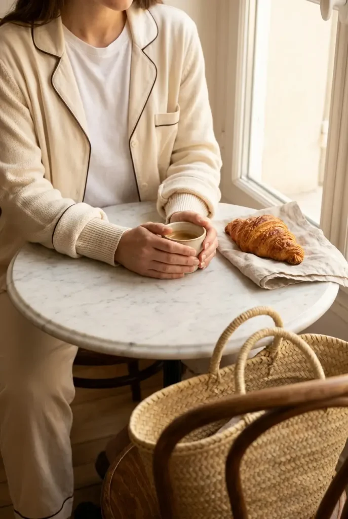 Over-the-shoulder view of a cream pajama-style shirt with rolled sleeves at a café brunch table