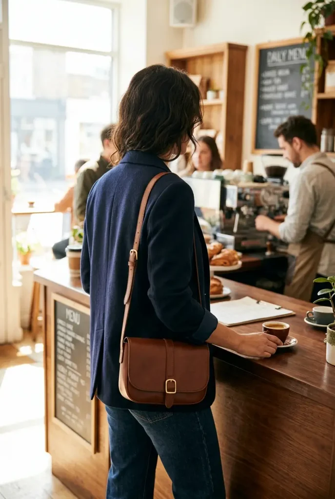 Over the shoulder view of a navy blazer with a burgundy tee and jeans at a coffee counter