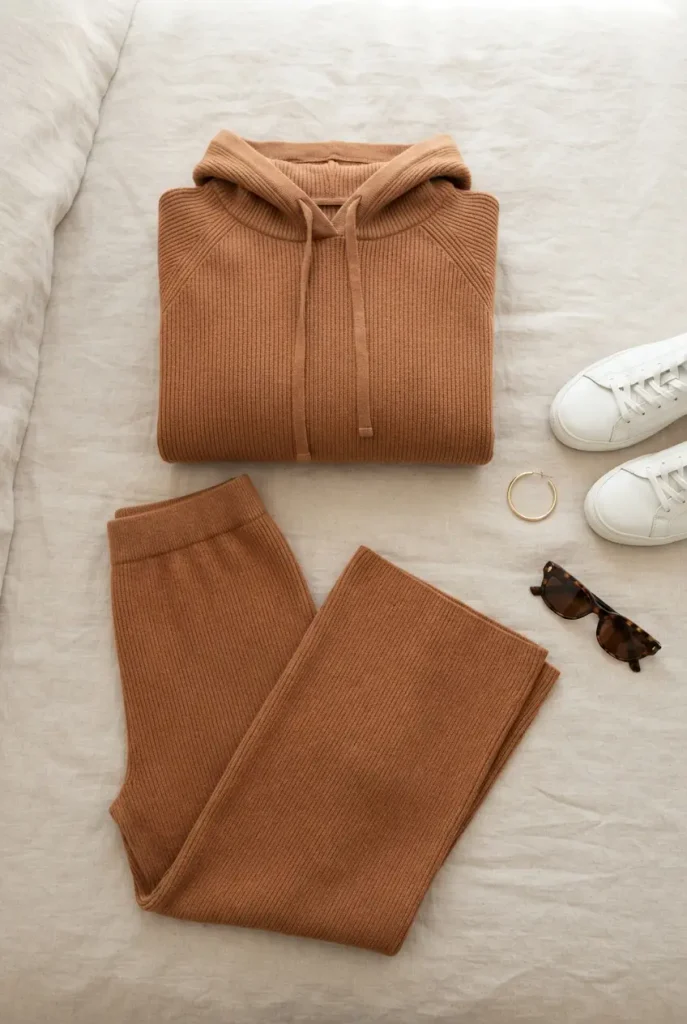 Overhead flat lay of a ribbed clay hoodie set with white sneakers and gold hoops