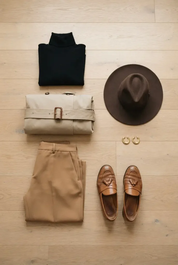 Overhead flat-lay of capsule wardrobe pieces used for Halloween costume outfits for women over 50.