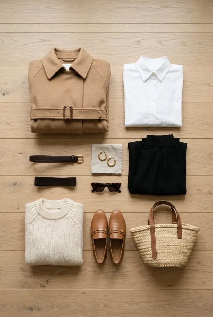 Overhead flat lay of neutral capsule wardrobe pieces used for Halloween costume outfits