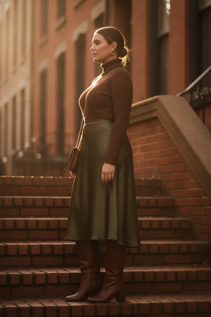 Petite plus-size fall outfit with an olive midi skirt overlapping brown knee boots and a chocolate turtleneck