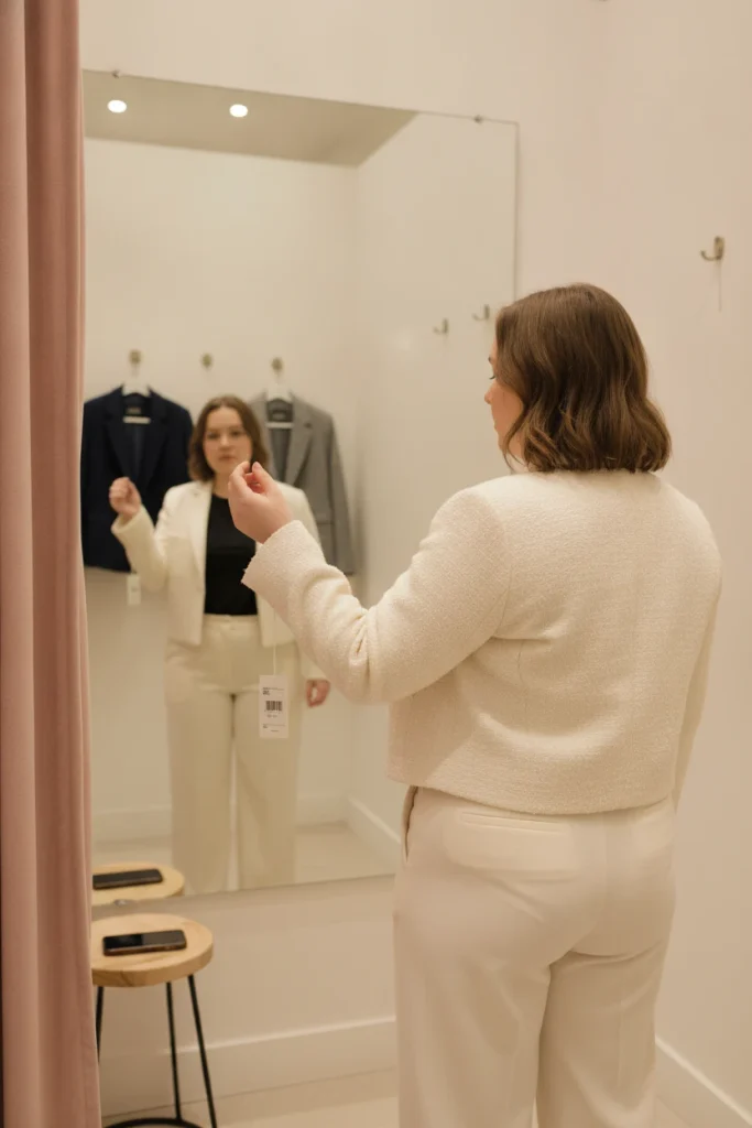 Petite plus-size woman checking a cropped jacket sleeve at her wrist bone in a fitting room mirror