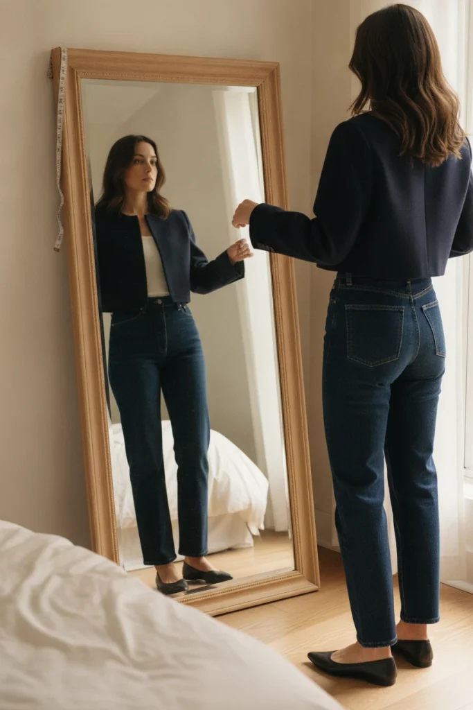Petite woman checking a cropped navy jacket and high-rise jeans in a mirror, Jacket Outfits for Women Over 50