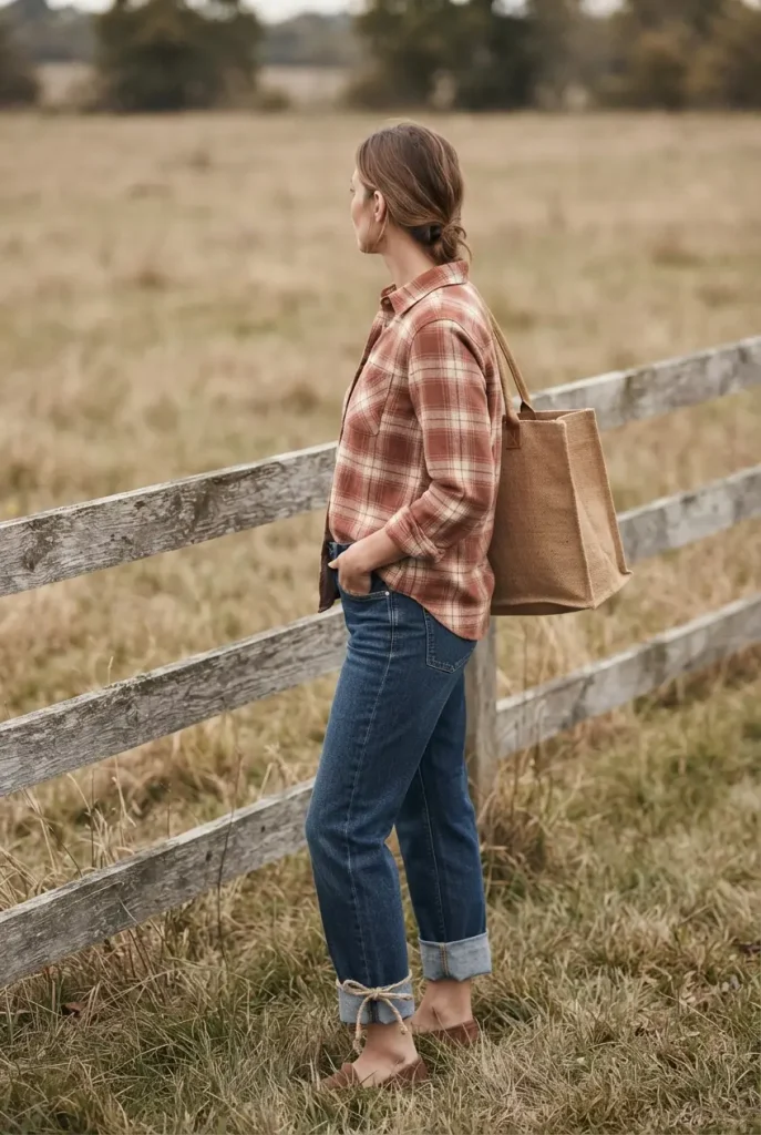Plaid and denim scarecrow costume, a fall Halloween outfit from a capsule wardrobe.