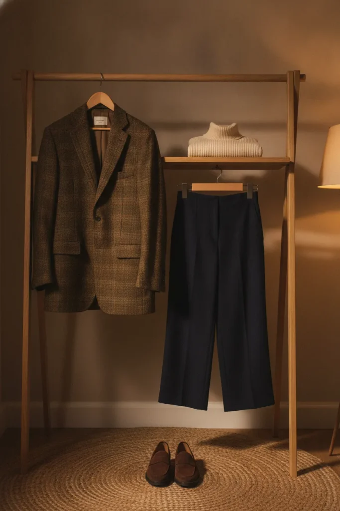 Plaid blazer on a wooden hanger with a cream turtleneck, navy trousers, and suede loafers for fall work outfits