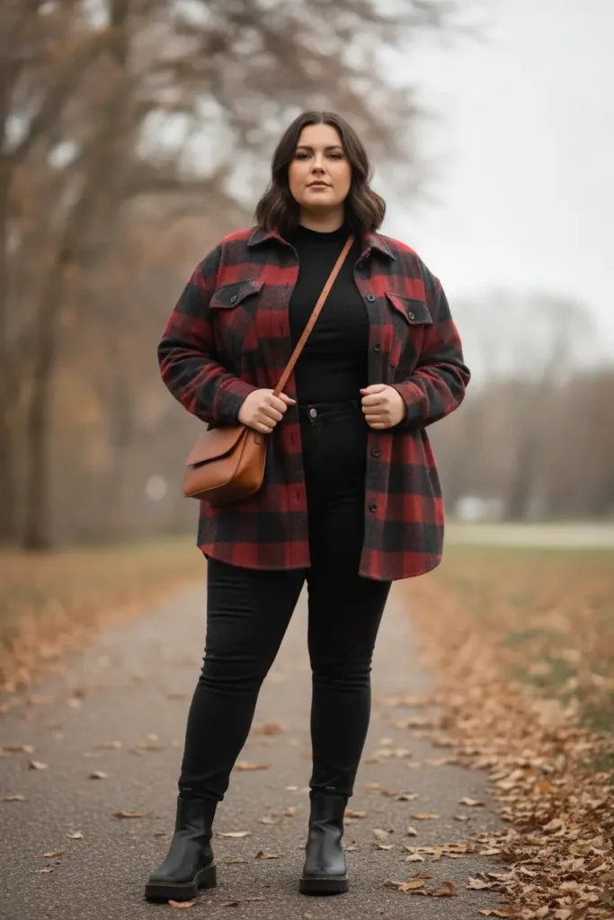 Plaid shacket outfit for plus-size women over an all-black base with cognac accessories.
