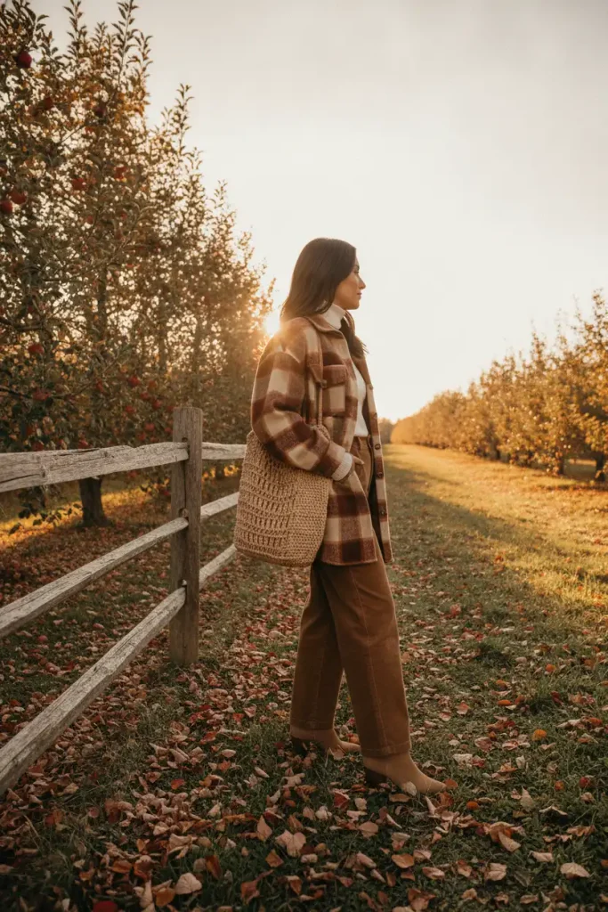 Plaid wool overshirt outfit with an ivory turtleneck and brown corduroy pants in an autumn orchard