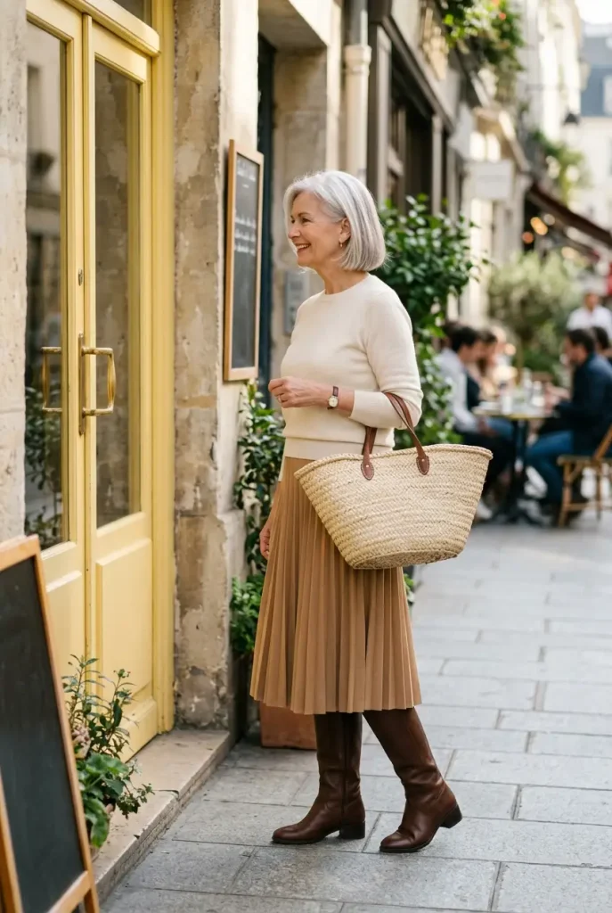 Pleated camel midi skirt with a cream sweater and knee boots, a fall brunch outfit for women over 60