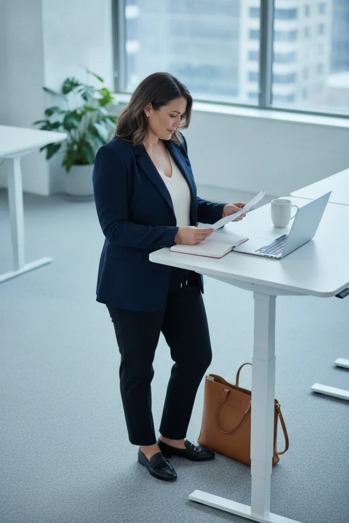 Plus size blazer outfit for work with a navy structured blazer and black ponte pants at a desk