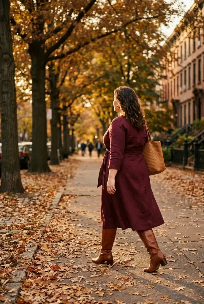 Plus size burgundy outfit with a wrap midi dress and cognac knee boots on a fall city sidewalk