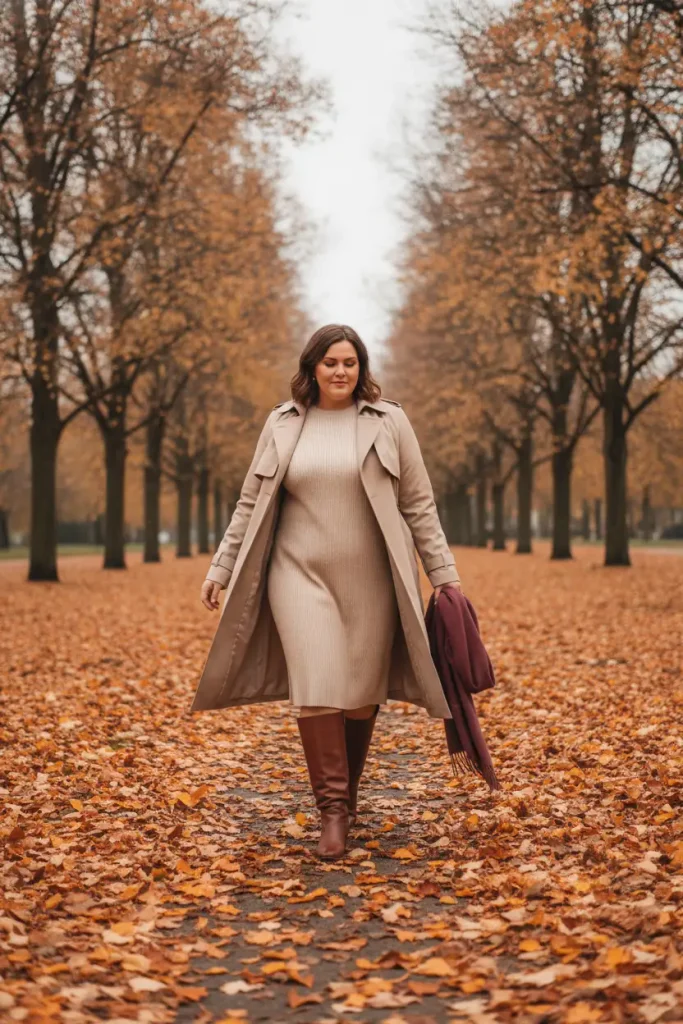 Plus size coat outfit with a belted trench, oatmeal sweater dress, and knee boots on a leafy park path