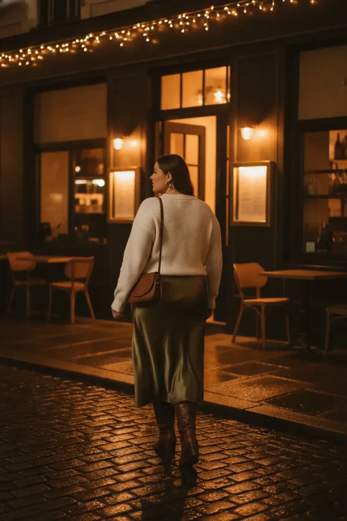 Plus-size date night outfit for fall with a cream sweater, olive satin midi skirt, and knee boots