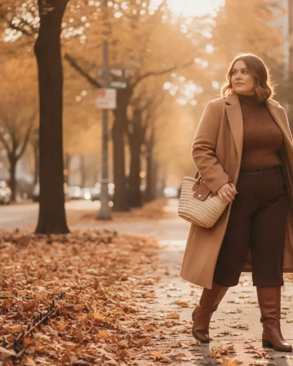 Plus-size fall outfit with a camel coat, brown turtleneck and espresso wide-leg trousers on a city street