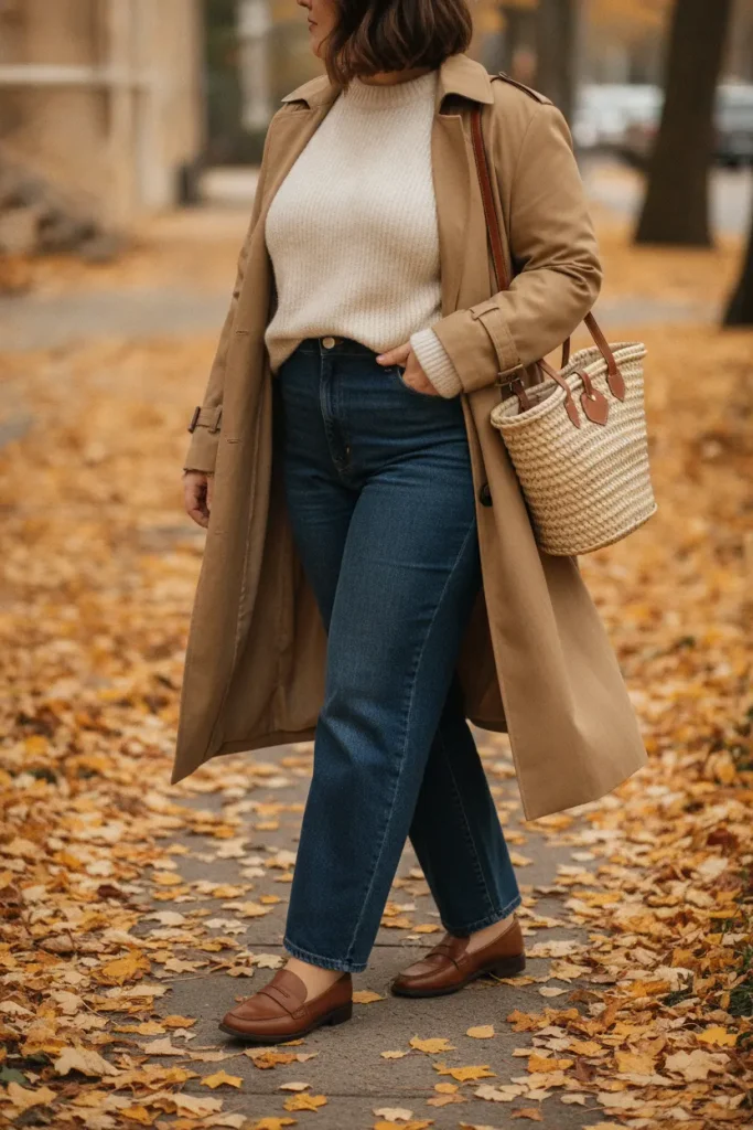 Plus-size fall outfit with an open khaki trench, cream sweater, and wide-leg jeans on a city sidewalk