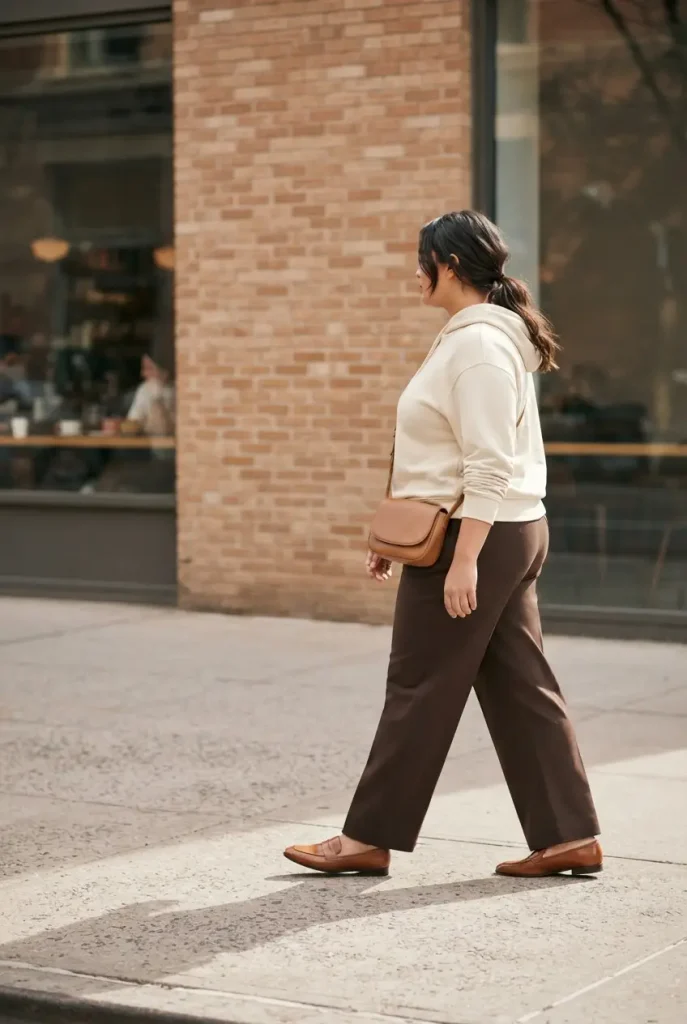 Plus-size hoodie outfit with a front tuck into wide-leg espresso trousers and tan loafers.