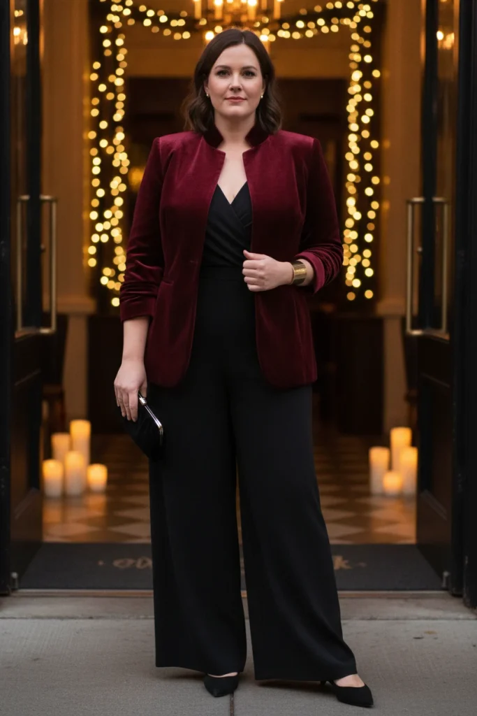 Plus size jacket outfit for evening with a burgundy high-collar velvet jacket over a black jumpsuit. Jacket Outfits for Plus-Size Women