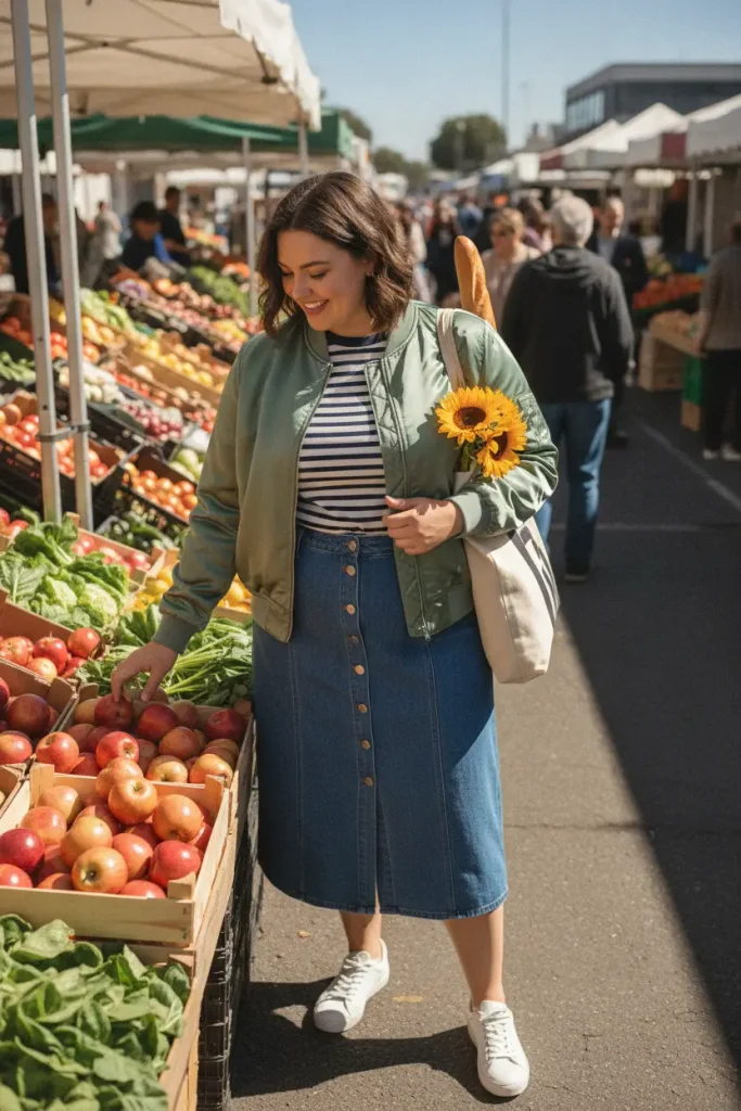 Plus size jacket outfit with a sage bomber, striped tee, and denim midi skirt at a farmers market